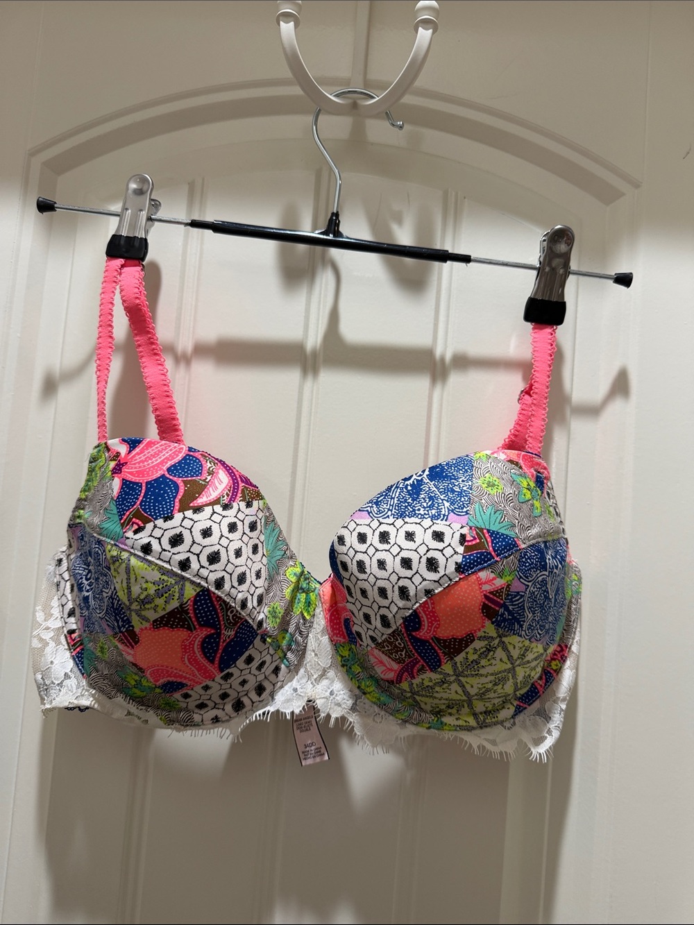 Victoria's Secret Ivory Lace Bra with Navy Trim and Pink Accents